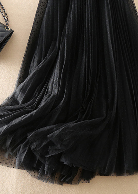Black V Neck Sheepskin Patchwork Tulle Dress Sleeveless