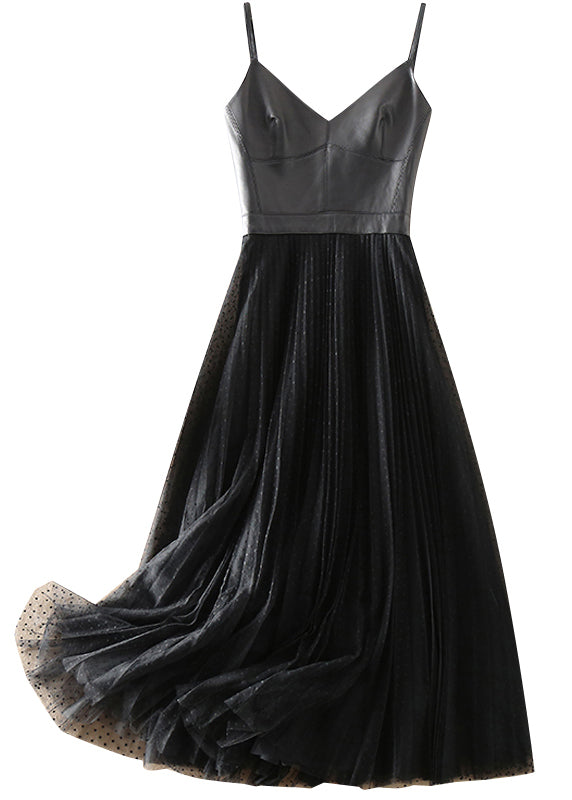 Black V Neck Sheepskin Patchwork Tulle Dress Sleeveless