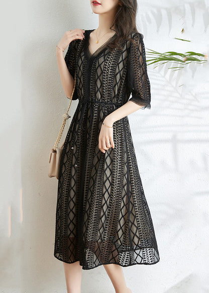 Black V Neck Tie Waist Silk Long Dress Half Sleeve