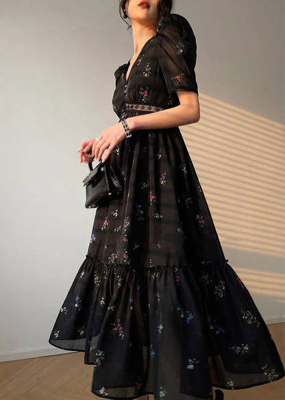 Black V Neck Zippered Print Chiffon Maxi Dresses Lantern Sleeve