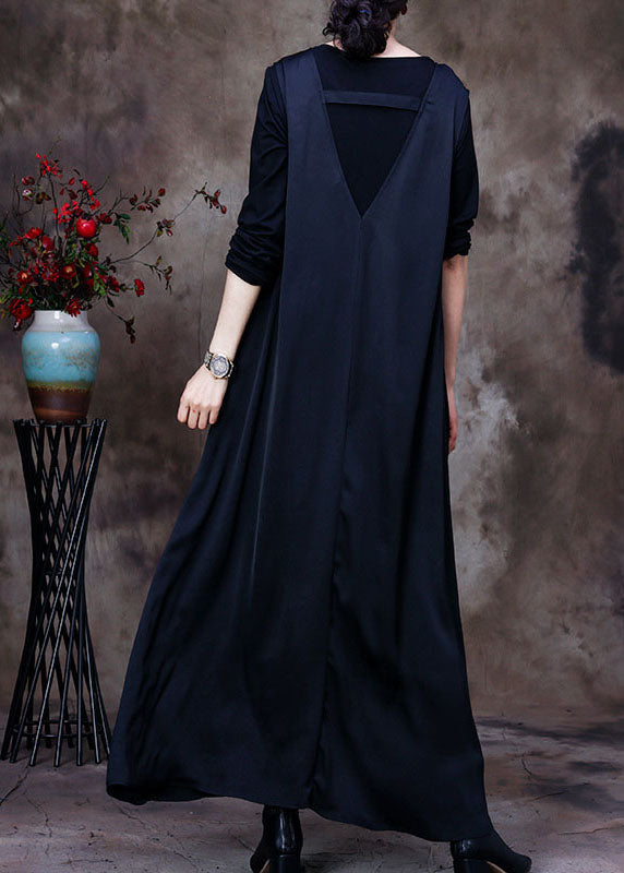 Black V Neck Pockets Silk Maxi Dresses Sleeveless