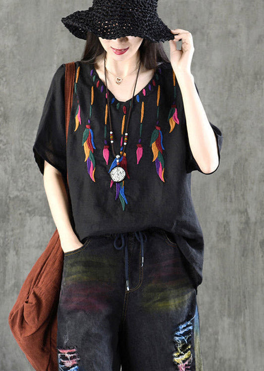 Black V Neckembroideried Cotton Top Short Sleeve