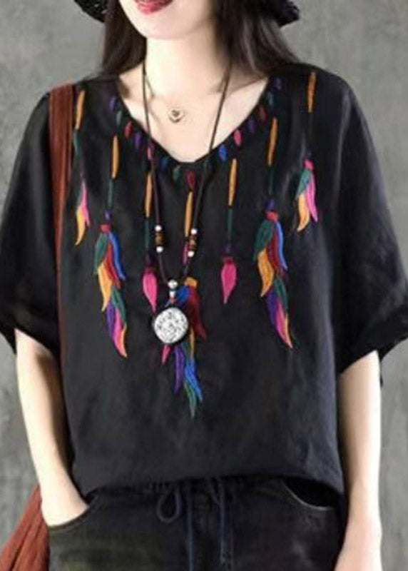 Black V Neckembroideried Cotton Top Short Sleeve