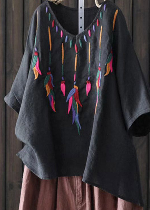 Black V Neckembroideried Cotton Top Short Sleeve
