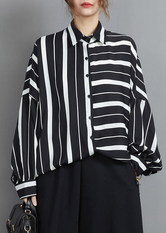 Black White Button Peter Pan Collar Striped Patchwork Chiffon Blouse Top Long Sleeve