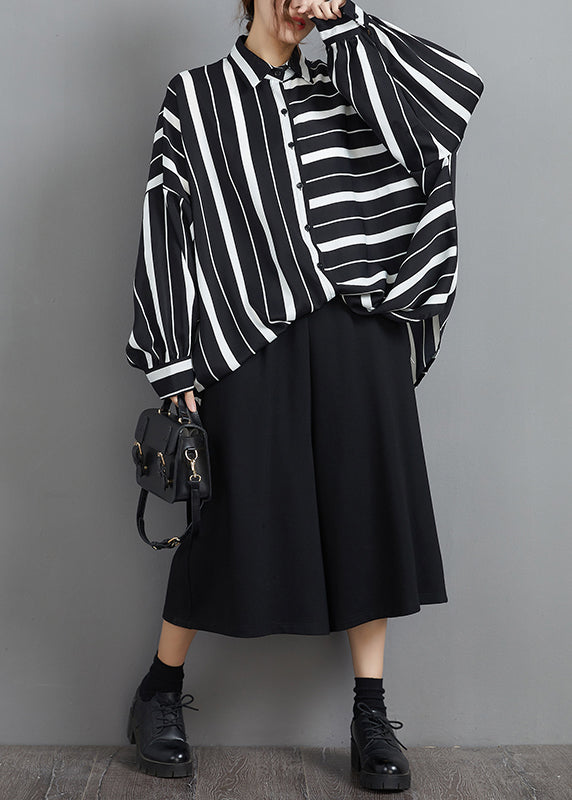 Black White Button Peter Pan Collar Striped Patchwork Chiffon Blouse Top Long Sleeve