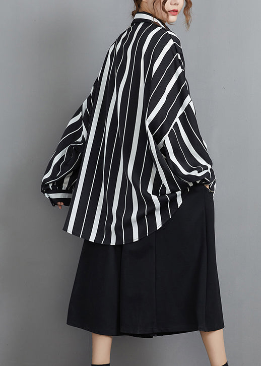 Black White Button Peter Pan Collar Striped Patchwork Chiffon Blouse Top Long Sleeve