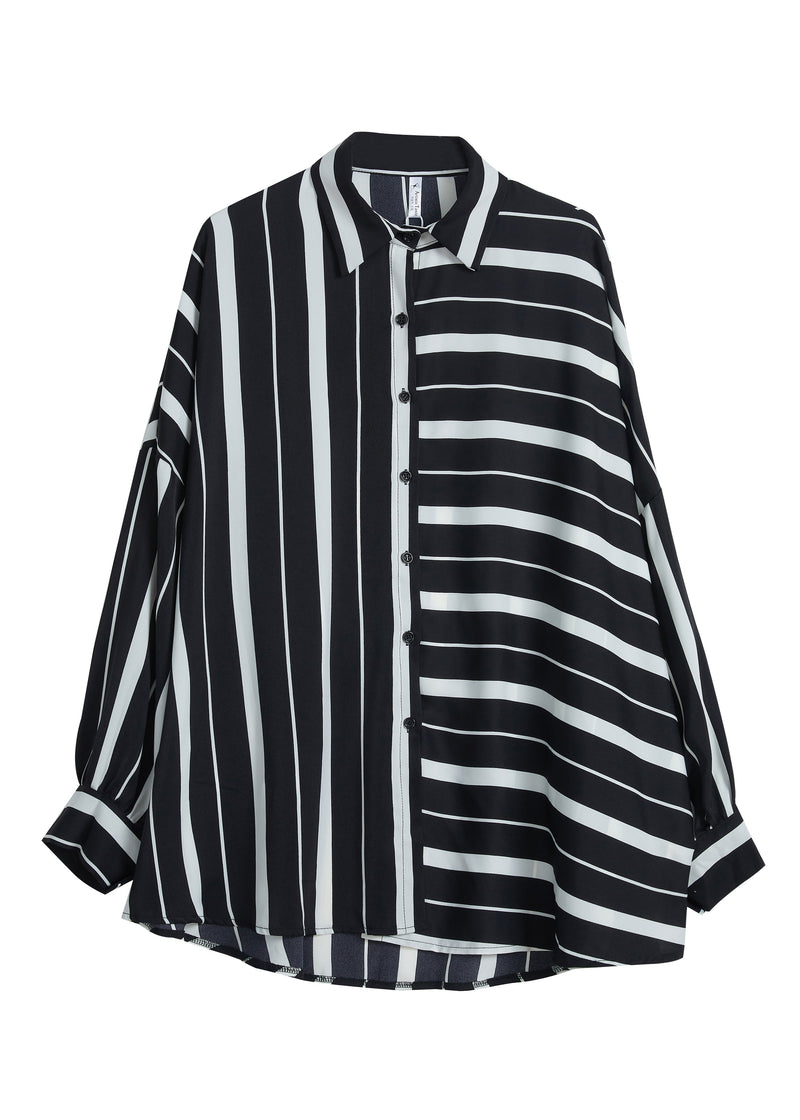 Black White Button Peter Pan Collar Striped Patchwork Chiffon Blouse Top Long Sleeve