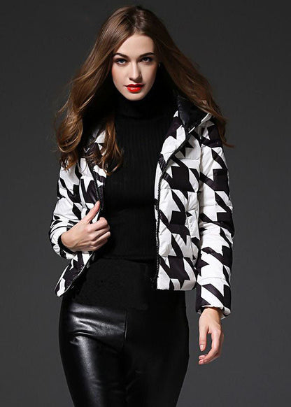 Black White Plaid Hooded Zippered Duck Down Puffer Jacket Winter