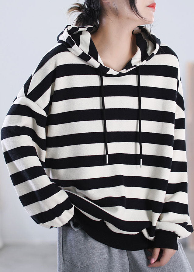 Black White Striped Hooded Drawstring Cotton Sweatshirts Top Long Sleeve