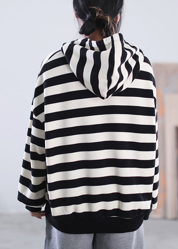 Black White Striped Hooded Drawstring Cotton Sweatshirts Top Long Sleeve