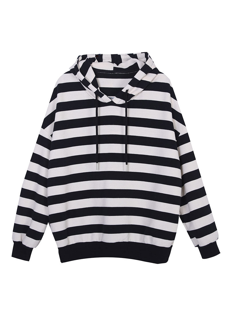 Black White Striped Hooded Drawstring Cotton Sweatshirts Top Long Sleeve