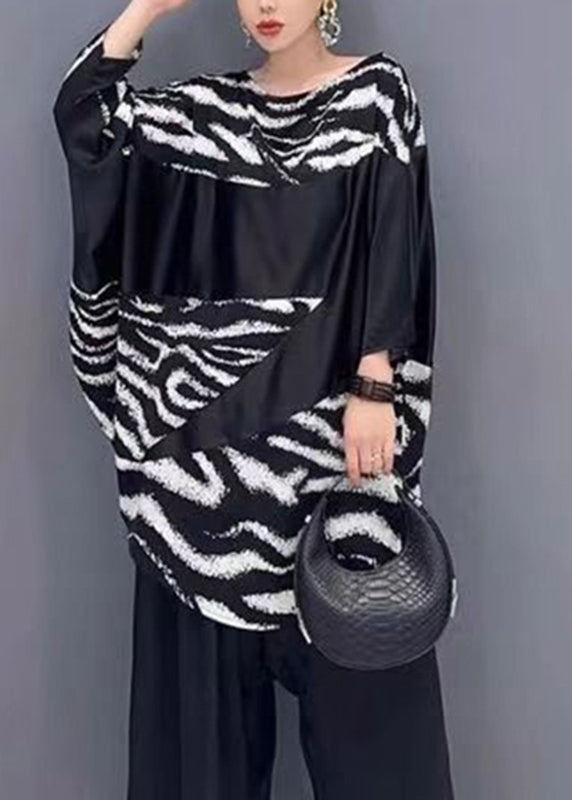 Black White Striped O-neck Patchwork Silk Shirt Summer