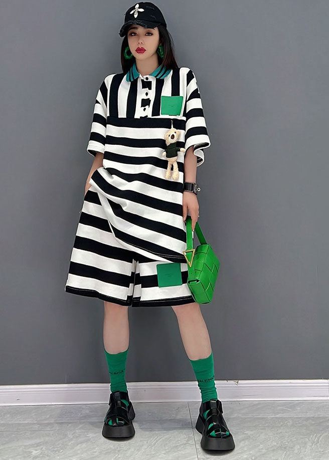 Black White Striped Peter Pan Collar Patchwork Applique Cotton Shirts and Shorts Two Pieces Set Summer