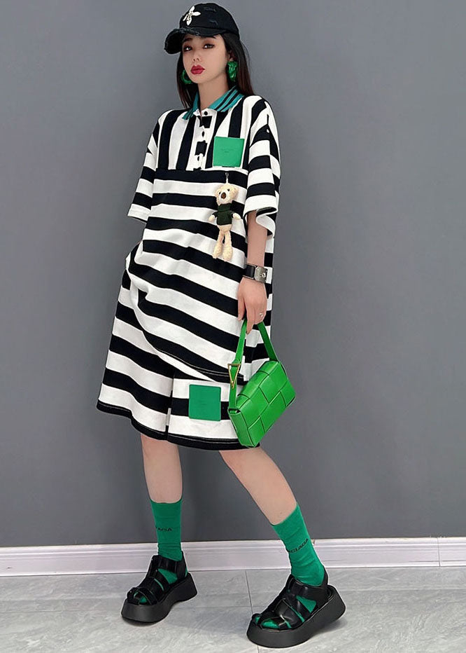 Black White Striped Peter Pan Collar Patchwork Applique Cotton Shirts and Shorts Two Pieces Set Summer