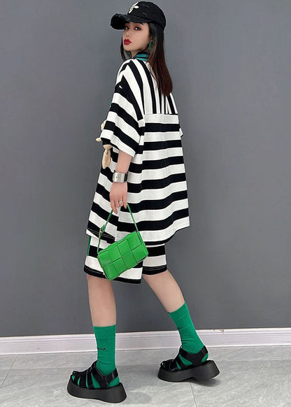 Black White Striped Peter Pan Collar Patchwork Applique Cotton Shirts and Shorts Two Pieces Set Summer