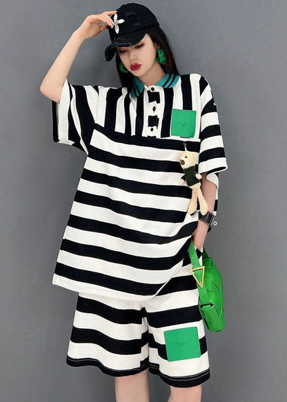 Black White Striped Peter Pan Collar Patchwork Applique Cotton Shirts and Shorts Two Pieces Set Summer