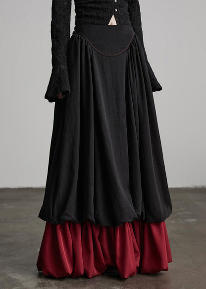 Black Wrinkled Patchwork False Two Pieces Cotton Skirts Spring