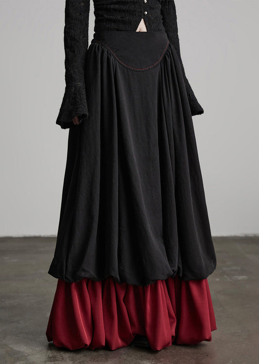 Black Wrinkled Patchwork False Two Pieces Cotton Skirts Spring