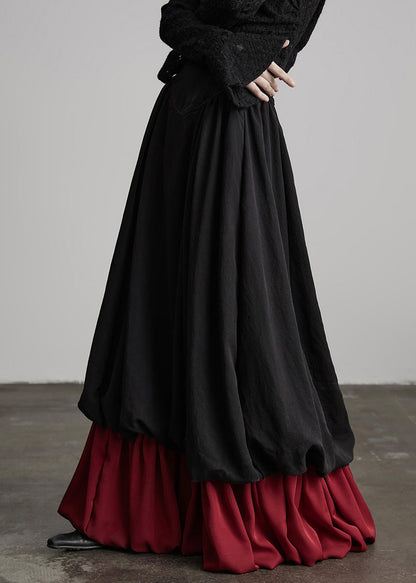 Black Wrinkled Patchwork False Two Pieces Cotton Skirts Spring