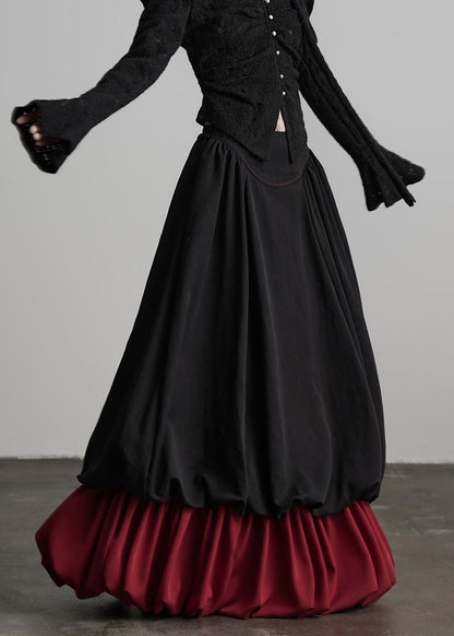 Black Wrinkled Patchwork False Two Pieces Cotton Skirts Spring