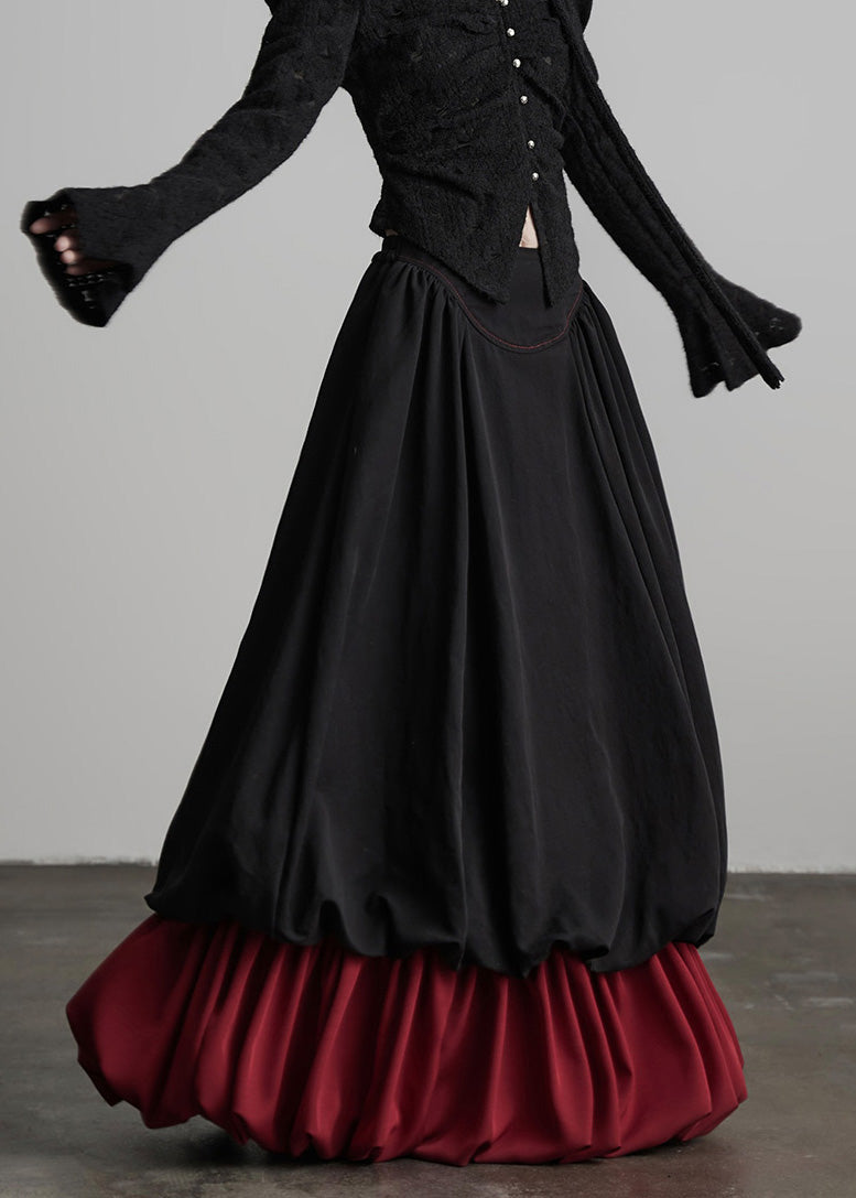 Black Wrinkled Patchwork False Two Pieces Cotton Skirts Spring