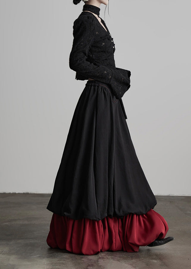 Black Wrinkled Patchwork False Two Pieces Cotton Skirts Spring