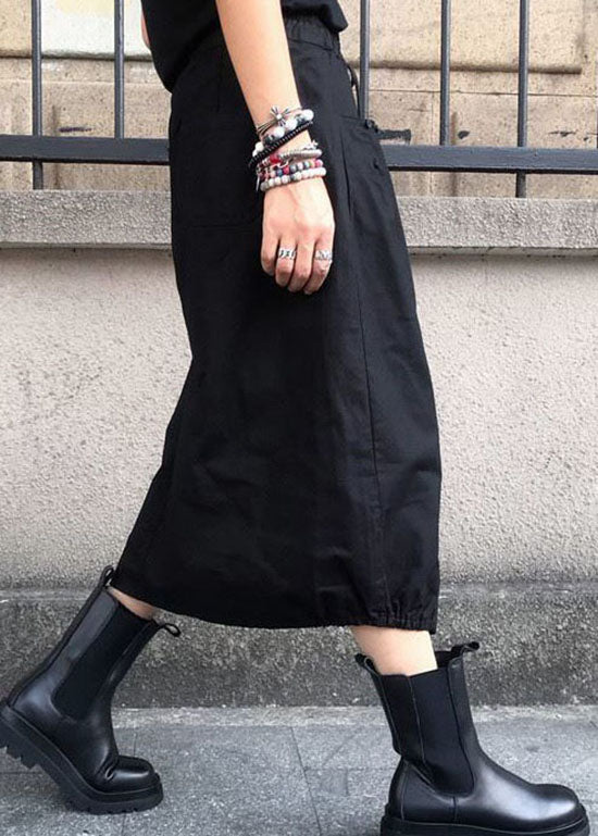 Black Wrinkled Pockets Elastic Waist Cotton Skirts Spring