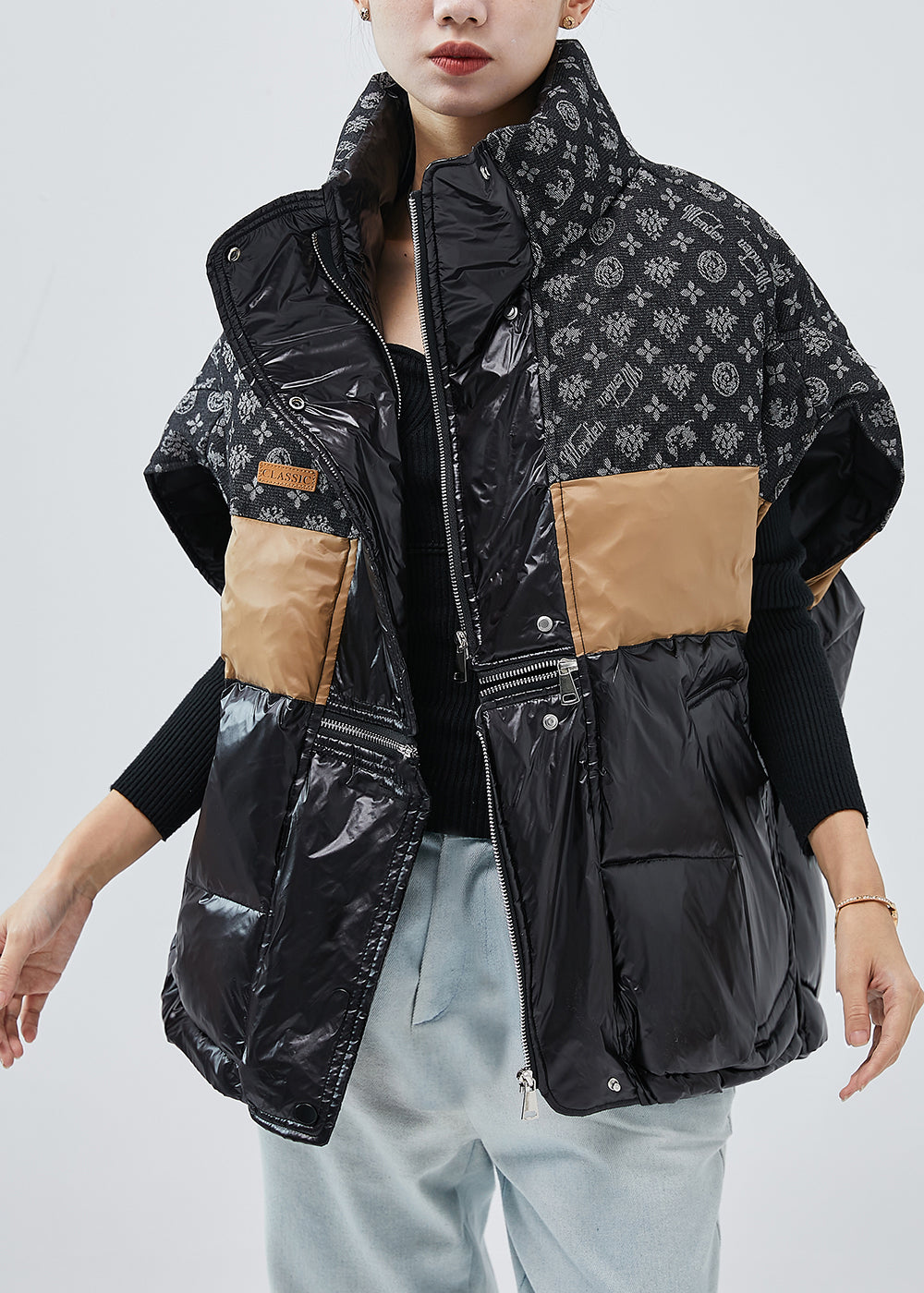 Black Zip Up Patchwork Fine Cotton Filled Vests Winter