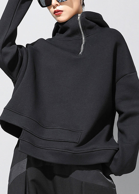 Black Zip Up Patchwork Warm Fleece Hooded Sweatshirt Long Sleeve