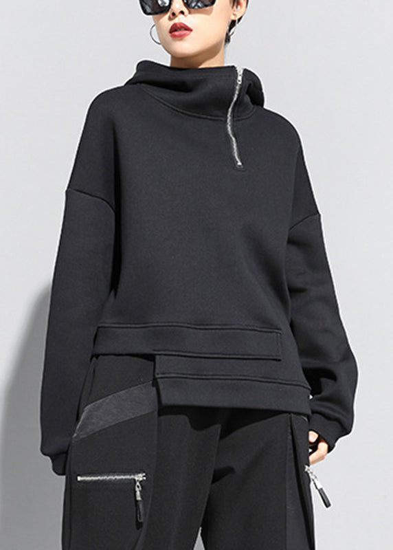Black Zip Up Patchwork Warm Fleece Hooded Sweatshirt Long Sleeve