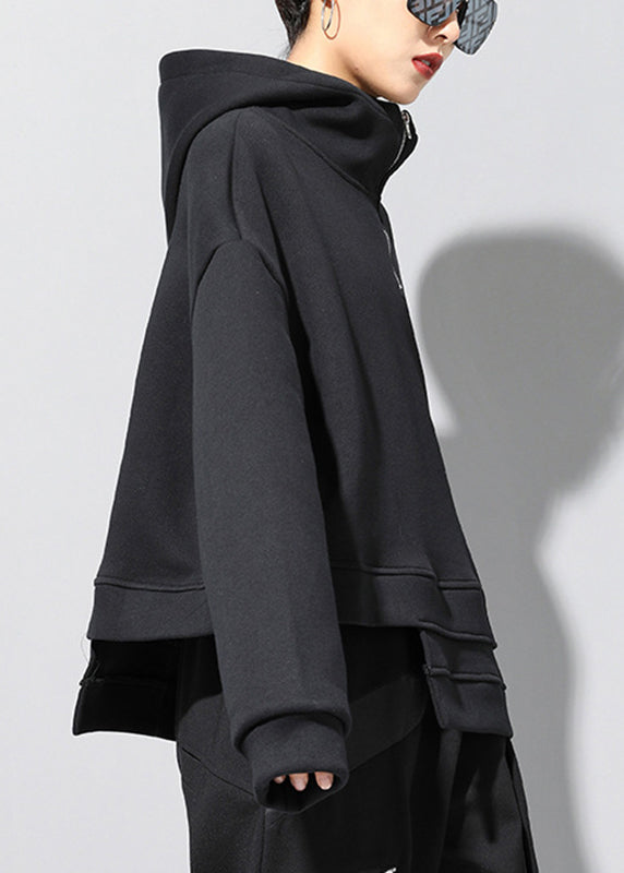 Black Zip Up Patchwork Warm Fleece Hooded Sweatshirt Long Sleeve