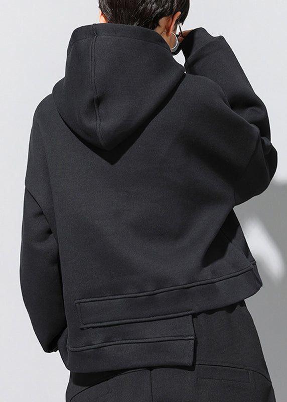 Black Zip Up Patchwork Warm Fleece Hooded Sweatshirt Long Sleeve