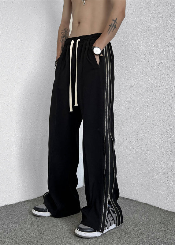 Black Zip Up Pockets Patchwork Cotton Wide Leg Pants Fall