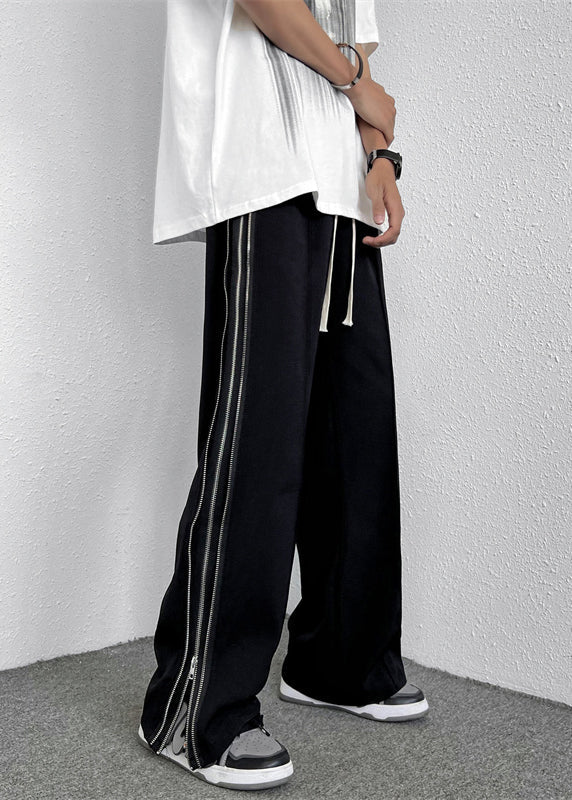 Black Zip Up Pockets Patchwork Cotton Wide Leg Pants Fall