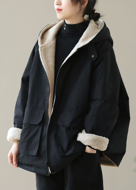 Black Zip Up Pockets Thick Fuzzy Wool Lined Cotton Hoodie Coat Winter