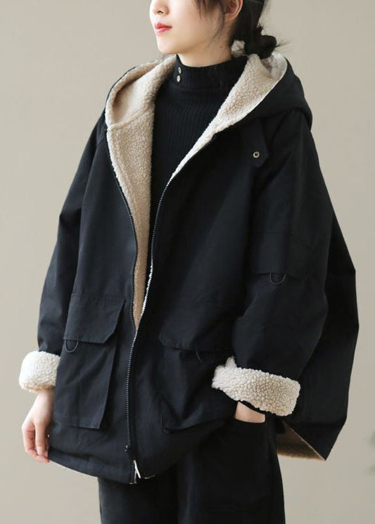 Black Zip Up Pockets Thick Fuzzy Wool Lined Cotton Hoodie Coat Winter