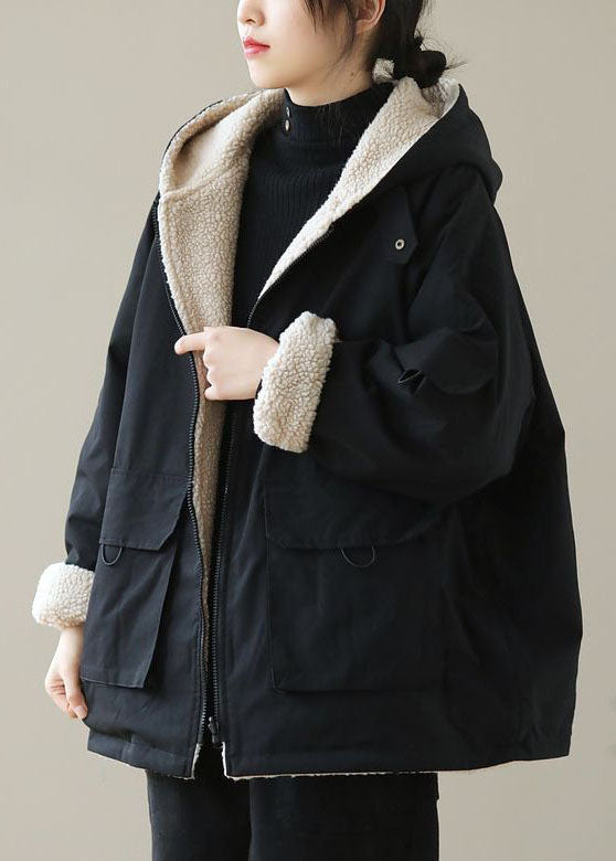 Black Zip Up Pockets Thick Fuzzy Wool Lined Cotton Hoodie Coat Winter