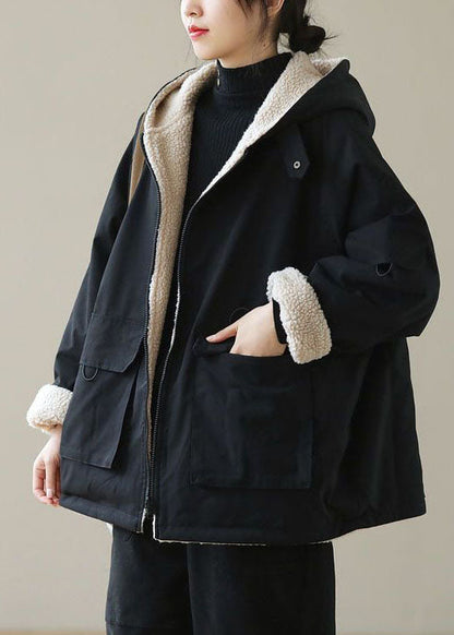 Black Zip Up Pockets Thick Fuzzy Wool Lined Cotton Hoodie Coat Winter