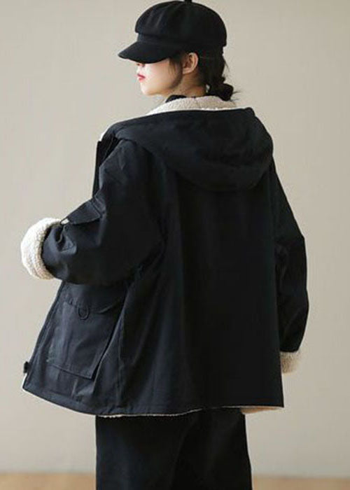 Black Zip Up Pockets Thick Fuzzy Wool Lined Cotton Hoodie Coat Winter