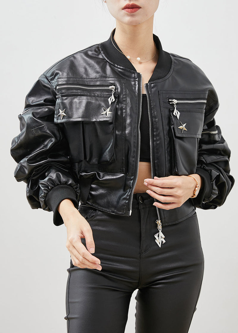 Black Zip Up Rivet Faux Leather Jackets Spring