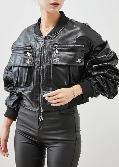 Black Zip Up Rivet Faux Leather Jackets Spring