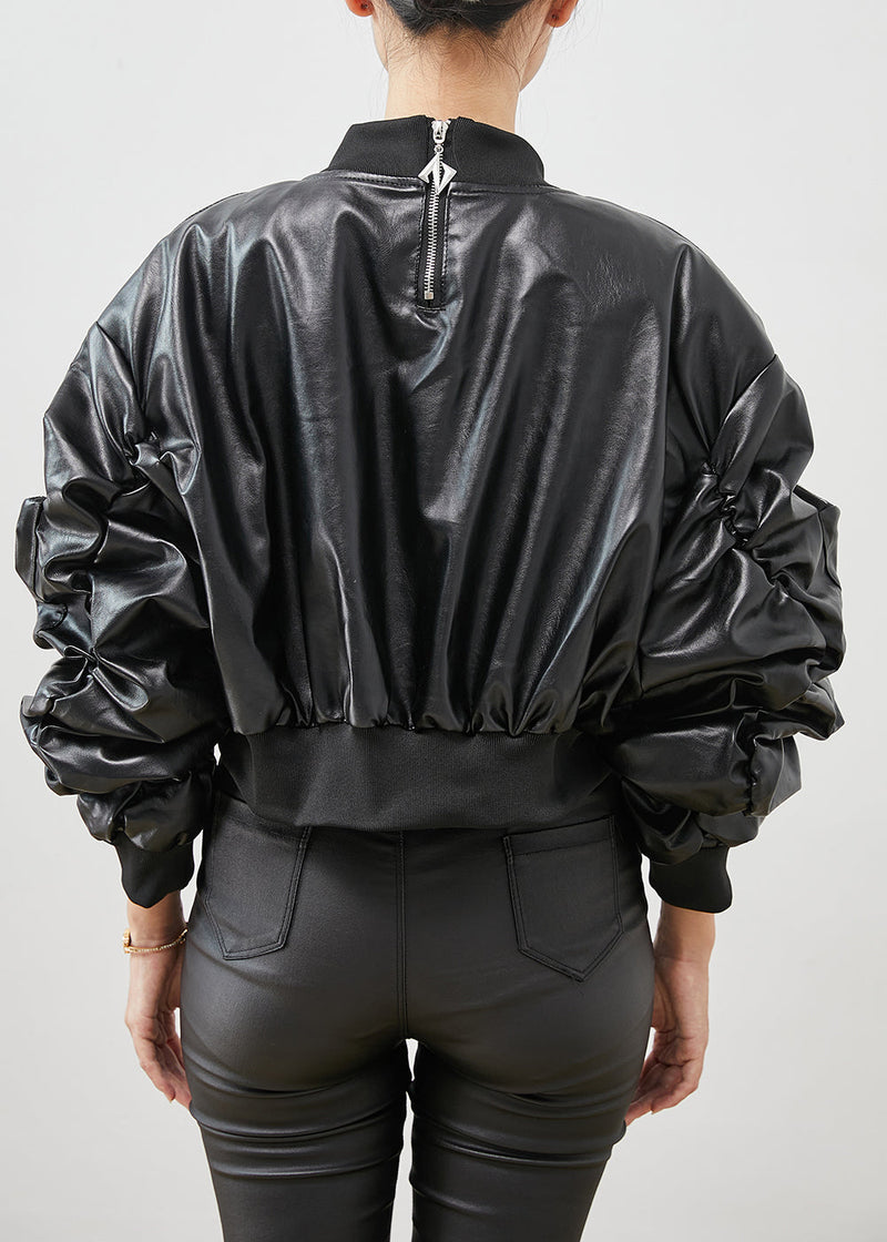 Black Zip Up Rivet Faux Leather Jackets Spring