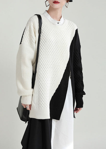 Black Zip Up Thick Patchwork Knit Pullover Sweater Winter