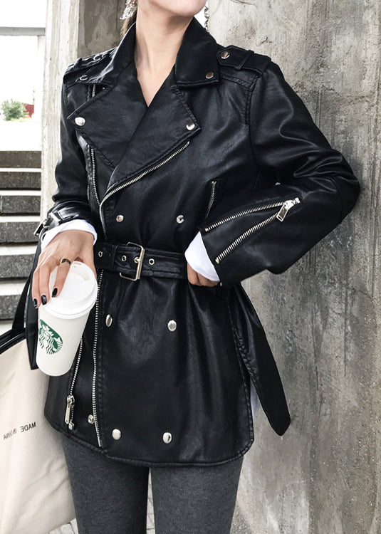 Black Zip Up Tie Waist Patchwork Faux Leather Coats Fall