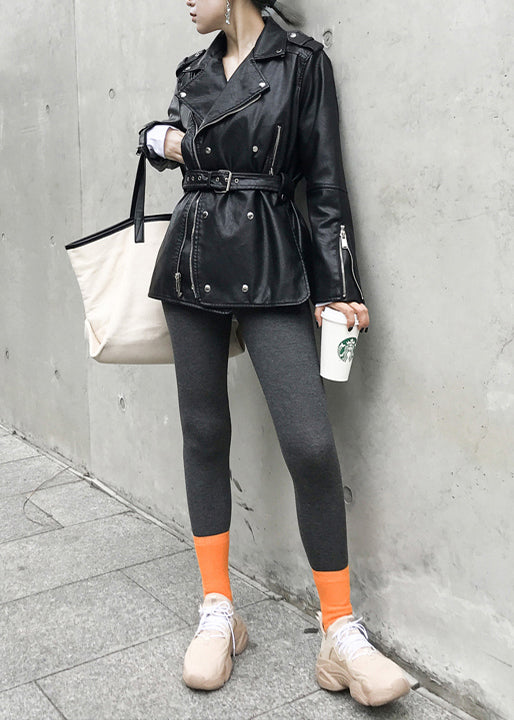 Black Zip Up Tie Waist Patchwork Faux Leather Coats Fall