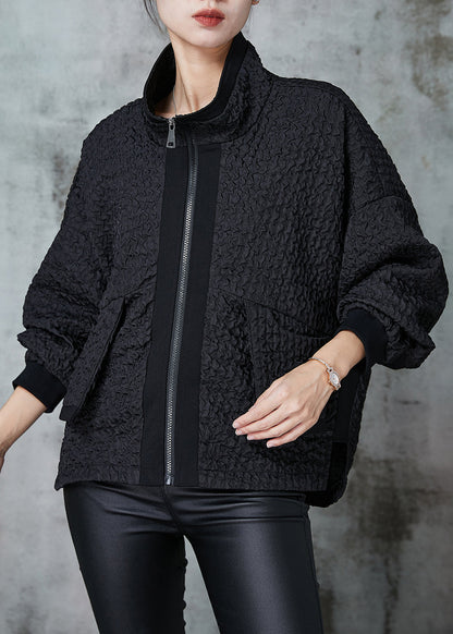 Black Zip Up Wrinkled Cotton Coat Outwear Spring