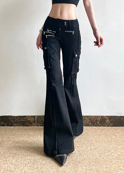 Black Zippered Pockets Patchwork High Waist Denim Flared Trousers