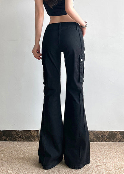 Black Zippered Pockets Patchwork High Waist Denim Flared Trousers