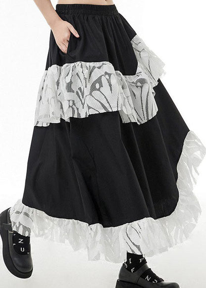 Black Elastic Waist Lace Patchwork Skirts Spring
